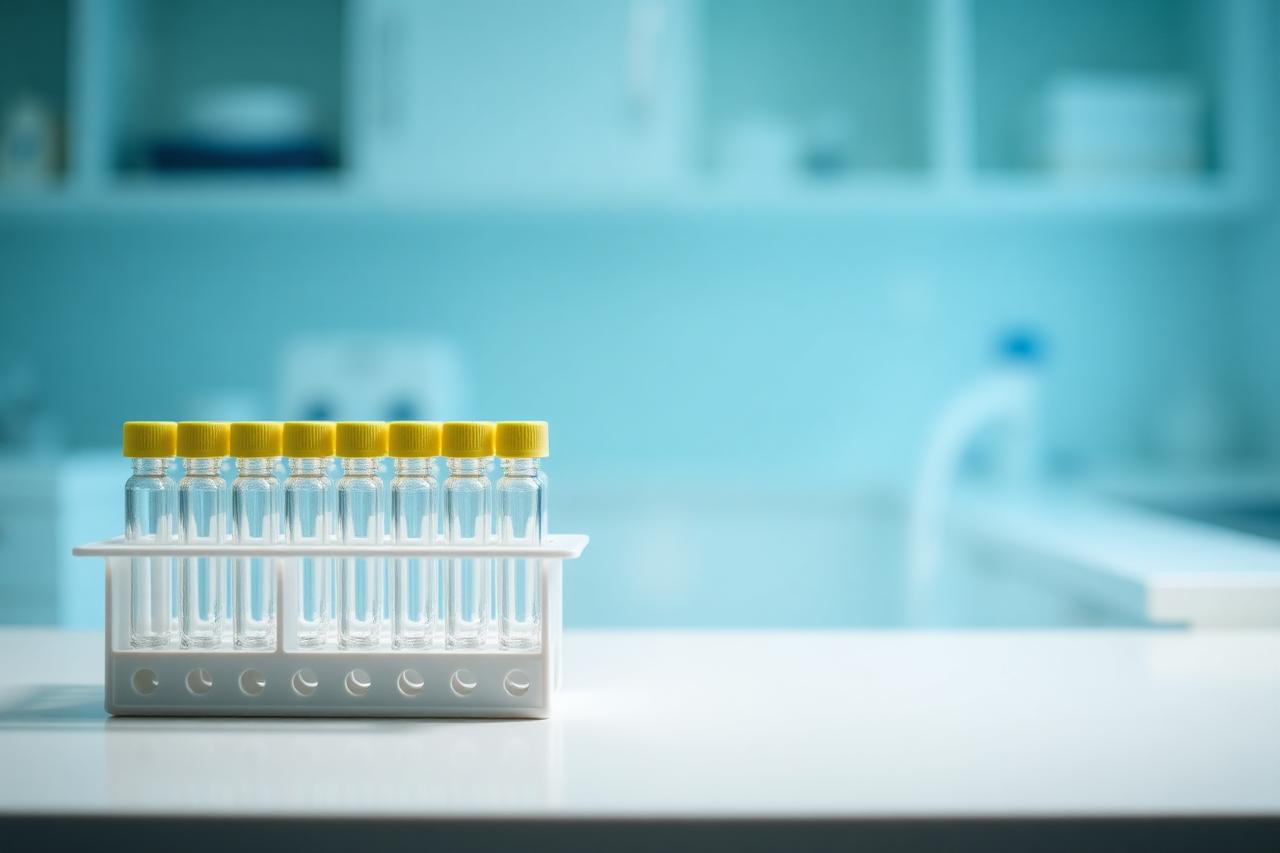 Rack of sealed laboratory vials on a bench